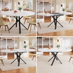 Btm Extendable Dining Table 100 140Cm Round Oval Table With X Metal Frame And Adjustable Feet, White Black - thumbnail 1
