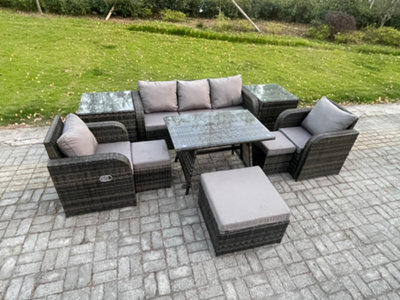 Fimous Rattan Wicker Garden Furniture Patio Conservatory Sofa Set With Rectangular Dining Table Reclining Chair 3 Seater Sofa - image 1