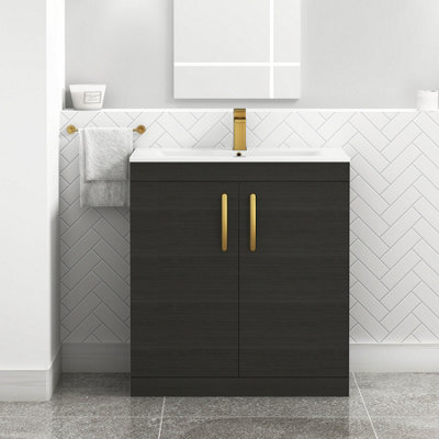 Royal Bathrooms Turin Hale Black 800mm Floor Standing Vanity Unit 2 Door With Minimalist Basin Sink & Brushed Brass Handles - image 1