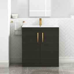 Royal Bathrooms Turin Hale Black 800mm Floor Standing Vanity Unit 2 Door With Minimalist Basin Sink & Brushed Brass Handles
