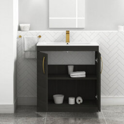 Royal Bathrooms Turin Hale Black 800mm Floor Standing Vanity Unit 2 Door With Minimalist Basin Sink & Brushed Brass Handles - thumbnail 3