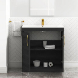 Royal Bathrooms Turin Hale Black 800mm Floor Standing Vanity Unit 2 Door With Minimalist Basin Sink & Brushed Brass Handles - thumbnail 5