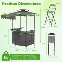 Gainoom 3-Piece Patio Bar Set Grey Outdoor Bbq Canopy W/bar Table & 2 Folding Bar Stools - thumbnail 2
