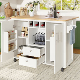 Btm Kitchen Trolley With Folding Worktop Spice Rack Towel Rail Wine Rack And Adjustable Storage White - thumbnail 2