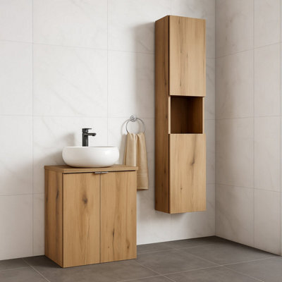 Heze Furniture Dove Bathroom Vanity Cabinets Set With Round Worktop Basin 60Cm And Tall Cabinet 2Dt In Evoke Oak - image 1
