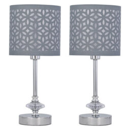 First Choice Lighting Set Of 2 Chrome Jewelled Table Lamps With Grey Cut Out Shades - thumbnail 1