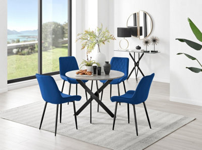 Furniturebox Novara Grey Concrete Effect 100Cm Round Dining Table With Black Starburst Legs & 4 Blue Pesaro Velvet Chairs - image 1