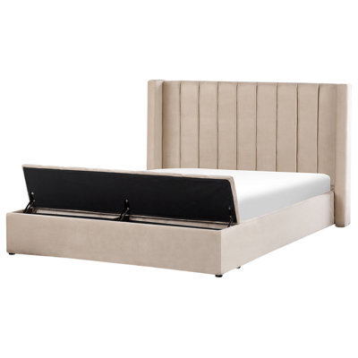 Beliani Bed With Storage Bench Velvet Noyers 180 X 200 Cm (Eu Super King) Beige - image 1