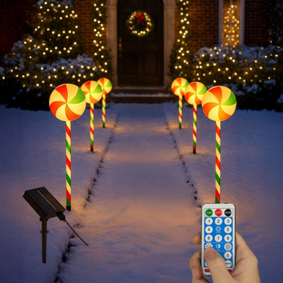 Neo Large 50Cm Candy Cane Lolly Lollipop Christmas Remote Solar And Battery Powered Lights 6 Pack Led Path Stakes Timer 8 Modes Ti - image 1