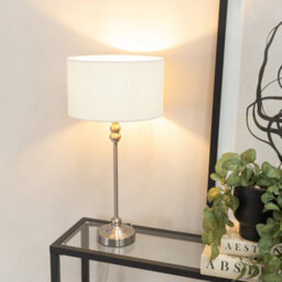 Valuelights Maggie Brushed Chrome Candlestick Slim Table Lamp With White Fabric Drum Lamp Shade
