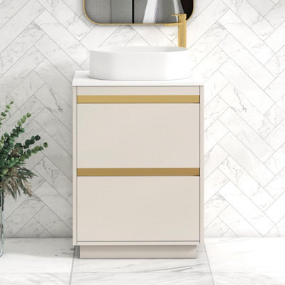 Royal Bathrooms Orion 600mm Warm Taupe Floor Standing Plain White Countertop Vanity Unit 2 Drawer With Peak Basin & Brushed Brass Accent Trim - image 1