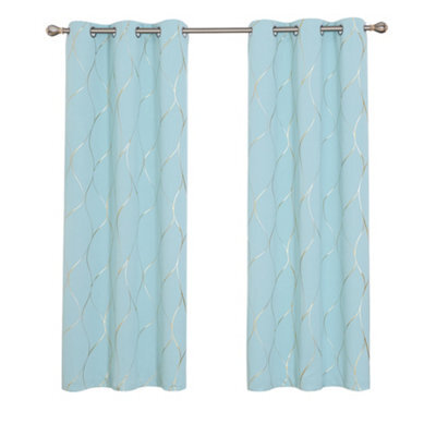 Deconovo Eyelet Thermal Insulated Blackout Curtains, Gold Wave Foil Printed Curtains, W52 X L54 Inch, Sky Blue, One Pair - image 1