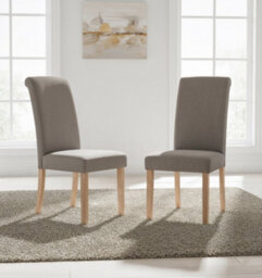 Hallowood Furniture Premium Roll Top Linen Fabric Steel Grey Dining Chairs Set Of 2 With Solid Wooden Legs