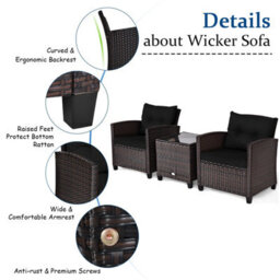 Costway 3 Pcs Patio Rattan Sofa Chair & Table Set Outdoor Wicker Bistro Set-Black - thumbnail 9