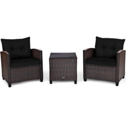 Costway 3 Pcs Patio Rattan Sofa Chair & Table Set Outdoor Wicker Bistro Set-Black - thumbnail 2