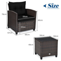 Costway 3 Pcs Patio Rattan Sofa Chair & Table Set Outdoor Wicker Bistro Set-Black - thumbnail 3