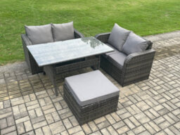 Fimous Garden Patio Furniture Wicker Rattan Oblong Rectangular Dining Table And Loveseat Sofa Set With Big Footstool - thumbnail 1
