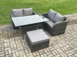 Fimous Garden Patio Furniture Wicker Rattan Oblong Rectangular Dining Table And Loveseat Sofa Set With Big Footstool - thumbnail 2