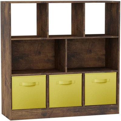 Urbn-Living Urbnliving Asymmetrical 8-Cube Rustic Brown Bookcase Storage Unit With 3 Fabric Drawer Inserts - Yellow - image 1
