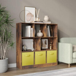 Urbn-Living Urbnliving Asymmetrical 8-Cube Rustic Brown Bookcase Storage Unit With 3 Fabric Drawer Inserts - Yellow - thumbnail 4