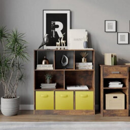 Urbn-Living Urbnliving Asymmetrical 8-Cube Rustic Brown Bookcase Storage Unit With 3 Fabric Drawer Inserts - Yellow - thumbnail 2