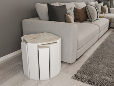 Decorotika Lori 3-Pieces Nesting Table Coffee Table Cocktail Table Set (White Marble Effect And White) - image 1
