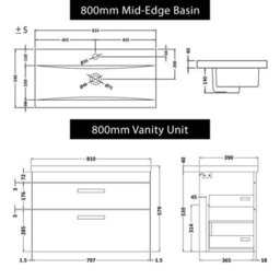 Royal Bathrooms Turin Hale Black 800mm Wall Hung Vanity Unit 2 Drawer With Mid-Edge Basin Sink - thumbnail 8