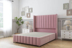 "Sloomy Melbourne Pink Plush Divan Bed Base No Drawers - 54"" Wingback Headboard & 12"" Footboard 5' King"