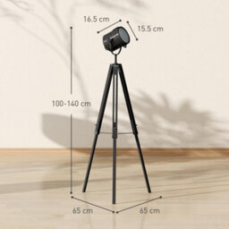 Homcom Industrial Tripod Floor Lamp Wood Height Adjustable Spotlight, Black - thumbnail 3