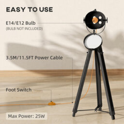 Homcom Industrial Tripod Floor Lamp Wood Height Adjustable Spotlight, Black - thumbnail 7