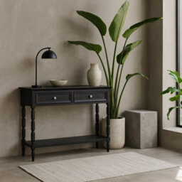 Wyld Haus Ploumanach 2-Drawer Black Wooden Console Table With Lower Shelf 900X330X800mm