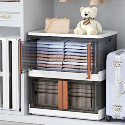 Living And Home 32L Double Doors Collapsible Dustproof Stackable Storage Organizer Box With Wheels - thumbnail 1