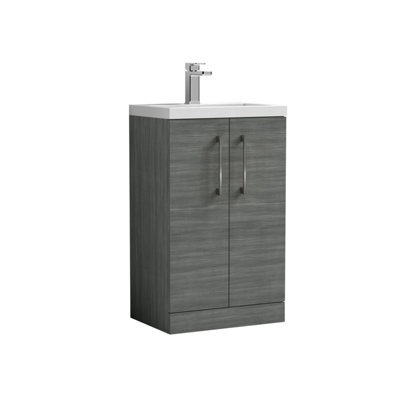 Balterley Level Compact Bathroom Cloakroom Vanity Basin Unit With Polymarble Basin, Brushed Pewter Handles, 500mm, Woodgrain Grey - image 1