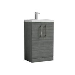 Balterley Level Compact Bathroom Cloakroom Vanity Basin Unit With Polymarble Basin, Brushed Pewter Handles, 500mm, Woodgrain Grey - thumbnail 1