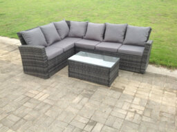 Fimous High Back Rattan Corner Sofa Set Oblong Coffee  Tea Table Outdoor Furniture Sets Dark Grey - thumbnail 4