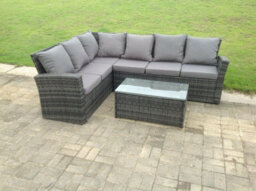 Fimous High Back Rattan Corner Sofa Set Oblong Coffee  Tea Table Outdoor Furniture Sets Dark Grey - thumbnail 1