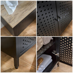 Homestylestore 1200mm Black Metal Floorstanding Bathroom Vanity Unit Light Oak Countertop And Oval Graphite Basin - thumbnail 2