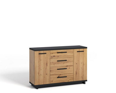 Arte Elegant Ines 01 Sideboard Cabinet H900mm W1350mm D400mm Oak Artisan & Black, Four Drawers, Two Compartments, Two Shelves - image 1