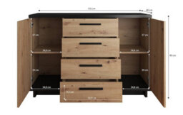Arte Elegant Ines 01 Sideboard Cabinet H900mm W1350mm D400mm Oak Artisan & Black, Four Drawers, Two Compartments, Two Shelves - thumbnail 3