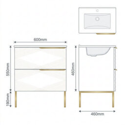 Bathroom City Elvia 600mm Black & Gold Vanity Unit With Basin - Diamond Front Bathroom Furniture, 2 Soft-Close Drawers - Gold Handle - thumbnail 7