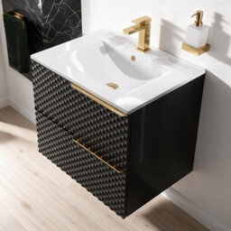 Bathroom City Elvia 600mm Black & Gold Vanity Unit With Basin - Diamond Front Bathroom Furniture, 2 Soft-Close Drawers - Gold Handle - thumbnail 6