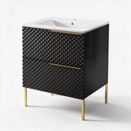 Bathroom City Elvia 600mm Black & Gold Vanity Unit With Basin - Diamond Front Bathroom Furniture, 2 Soft-Close Drawers - Gold Handle - thumbnail 5