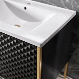 Bathroom City Elvia 600mm Black & Gold Vanity Unit With Basin - Diamond Front Bathroom Furniture, 2 Soft-Close Drawers - Gold Handle - thumbnail 3
