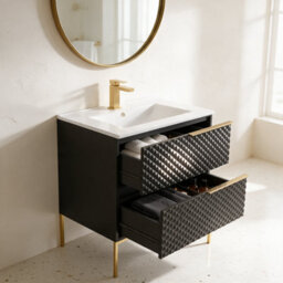 Bathroom City Elvia 600mm Black & Gold Vanity Unit With Basin - Diamond Front Bathroom Furniture, 2 Soft-Close Drawers - Gold Handle - thumbnail 2