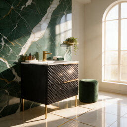 Bathroom City Elvia 600mm Black & Gold Vanity Unit With Basin - Diamond Front Bathroom Furniture, 2 Soft-Close Drawers - Gold Handle - thumbnail 1