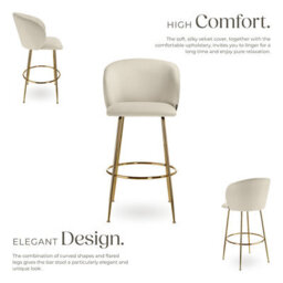 Tectake Bar Stool Luana - With Backrest, Velvet Look And Padded - Cream/gold, Set Of 2 - thumbnail 3