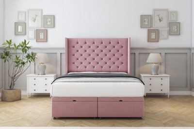 "Sloomy Dior Pink Plush Ottoman Bed Base With 54"" Wingback Headboard 4' Small Double" - image 1