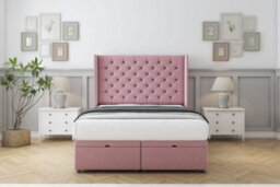 "Sloomy Dior Pink Plush Ottoman Bed Base With 54"" Wingback Headboard 4' Small Double"