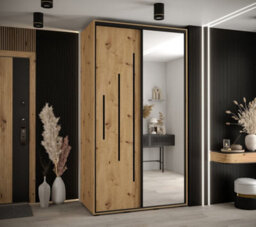 Arte Rustic Oak Artisan Mirrored Cannes Xiii Sliding Wardrobe H2050mm W1400mm D600mm - Custom Black Steel Handles And Decorative Strips - thumbnail 2