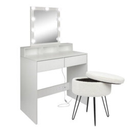Harbour Housewares Wooden Dressing Table Set With Led Lights & Cream Stool - White